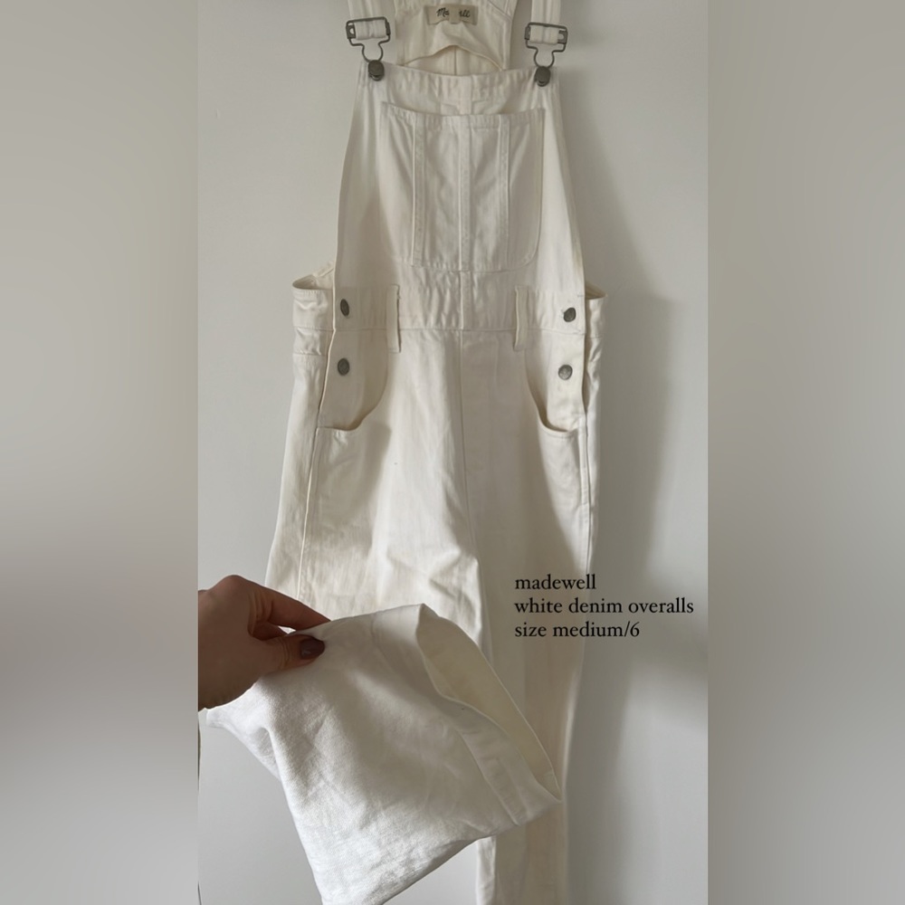 MADEWELL Denim Overalls, White. Full pant leg.